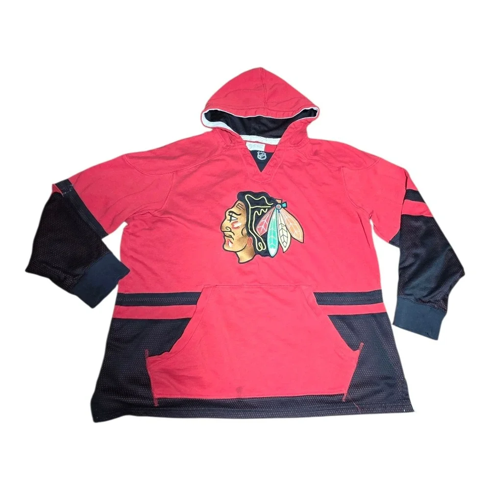 Vintage CCM NHL Chicago Blackhawks Hoodie Sweatshirt‎ Red Black XL A27